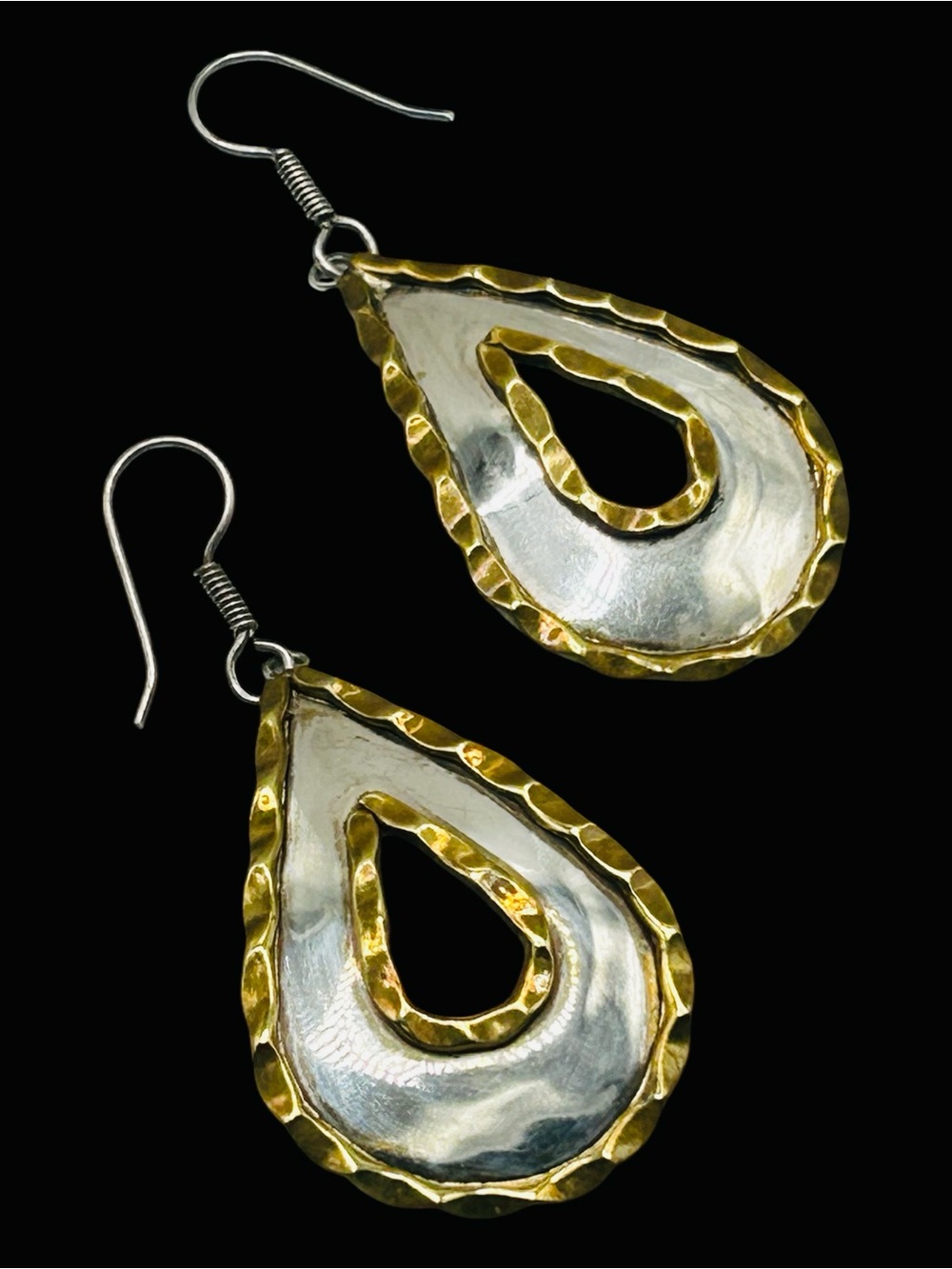 Taxco Mexico Sterling and Hand Hammered Brass Modernist Teardrop Earrings Pierce